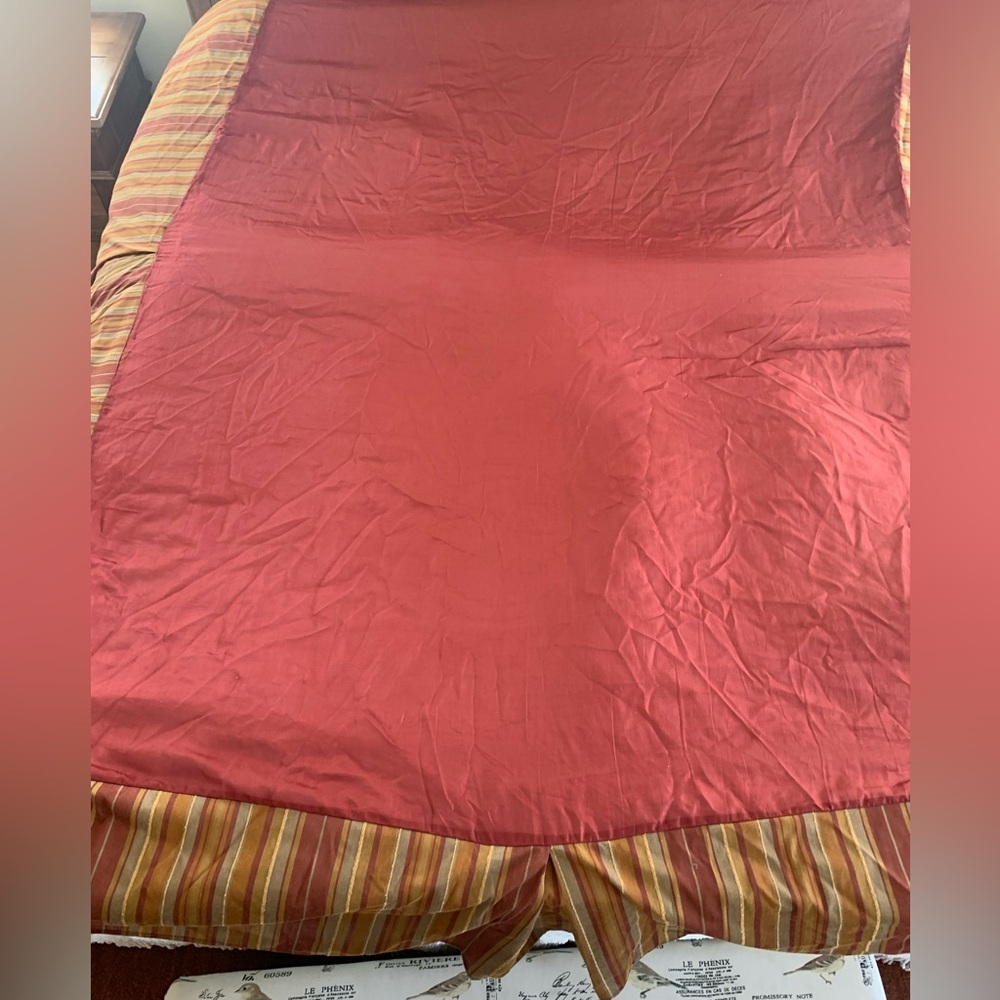 Queen Bed Skirt: Striped, Burgundy/Mustard/Gray, Polyester